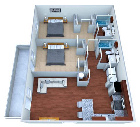 a floor plan of a two bedroom apartment with a bathroom and a bedroom with a bathtub